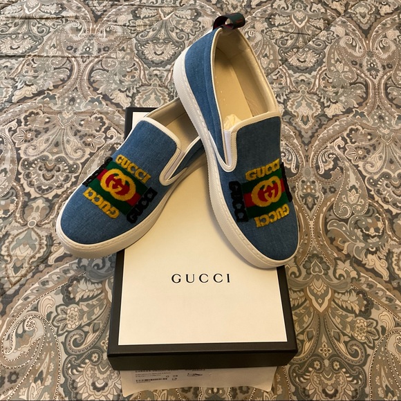 New GUCCI Kura Denim Slip On Sneakers Mens Sz 8 - Picture 10 of 13